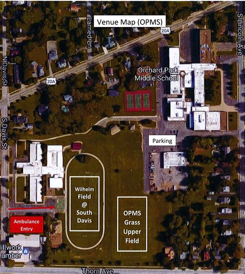 Orchard Park MS map of school, fields, and parking lots.  There is a small parking lot available near South Davis Elementary off of South Davis Street.  There is also a parking lot available near the Orchard Park Middle School off of S. Lincoln Avenue.  Ambulances would be able to access the Athletic Fields from the parking lot off of South Davis street.